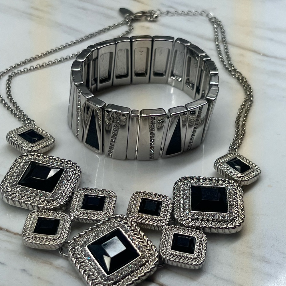 White House Black Market Silver and Black Geometric Necklace